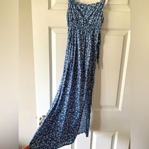 Blue slit ruffle strap dress